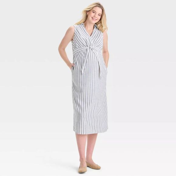 Isabel By Ingrid & Isabel Midi Maternity Empire Waist Dress Cream Navy Striped M - Picture 1 of 6